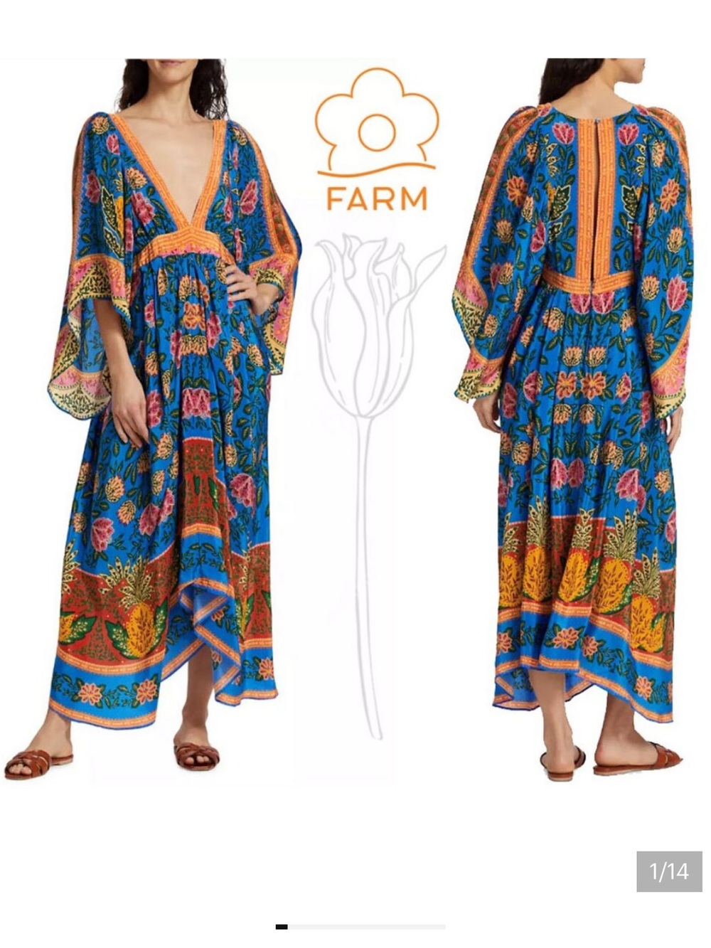 NWT FARM Rio Bright Blue Pineapple Garden Midi Dress size small
